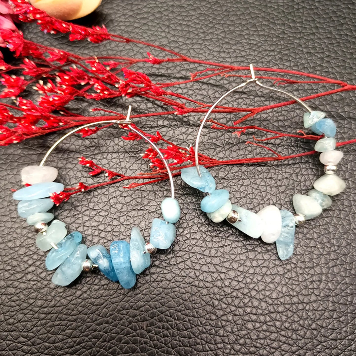 Serenity Waves: Aquamarine Natural Crystal Hoop Earrings for Clear Communication