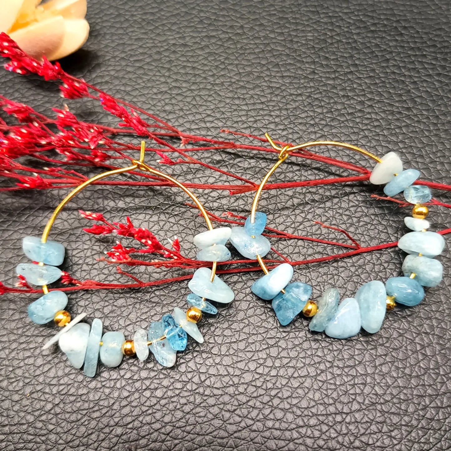 Serenity Waves: Aquamarine Natural Crystal Hoop Earrings for Clear Communication