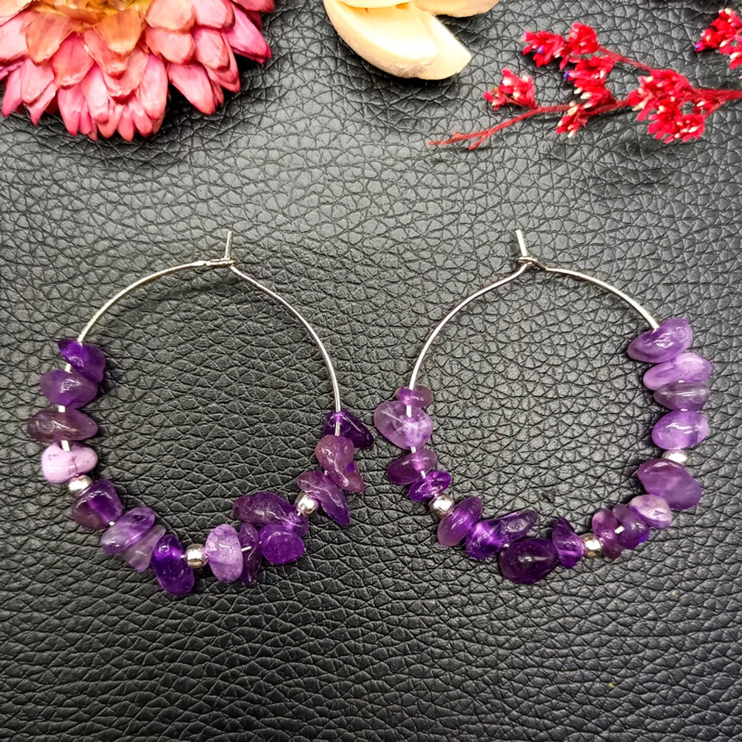 Shimmering Renewal: Natural Amethyst Crystal Chips Hoop Earrings for Protection