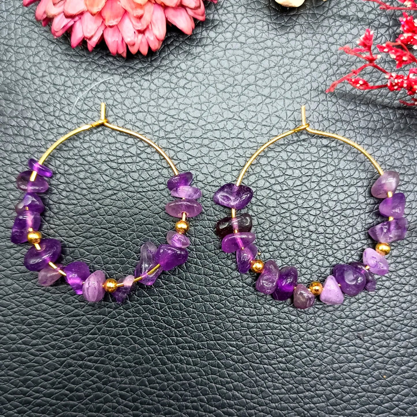 Shimmering Renewal: Natural Amethyst Crystal Chips Hoop Earrings for Protection
